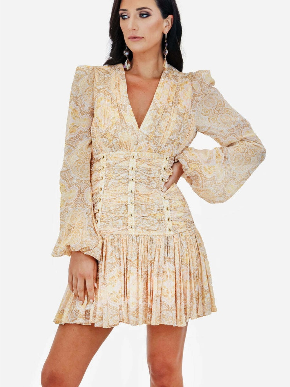 Natural Paisley Lace-Up V-Neck Mini Dress in Soft Peach with Corset Back